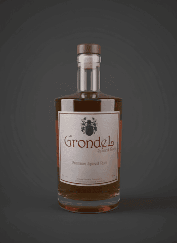 Premium spiced rum in elegante fles met houten kurk, ambachtelijk vervaardigd door Grondel distilleerderij.