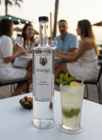 Grondel.nl premium rum en mojito op terras, zomerse sfeer.